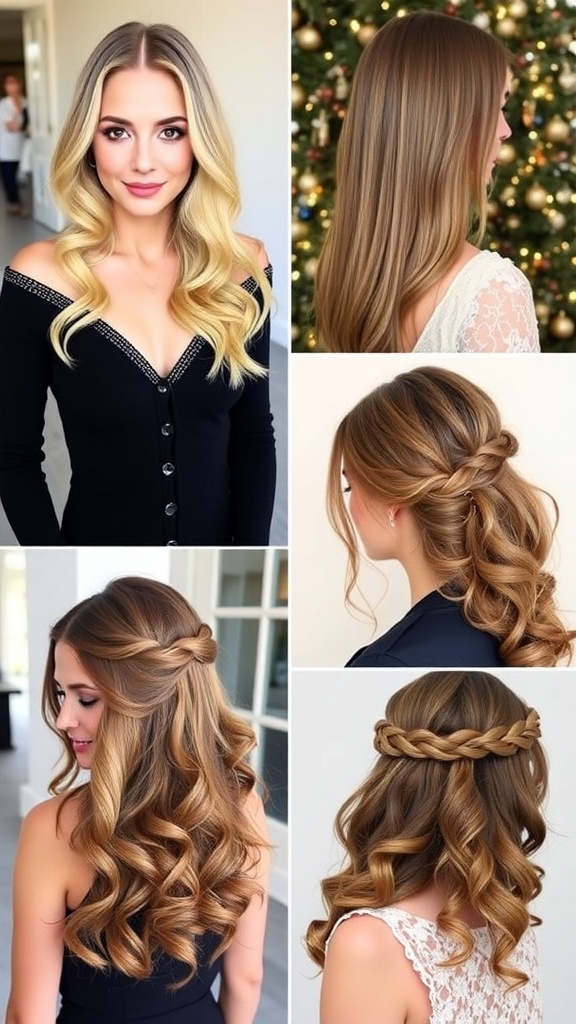 Elegant Down Hairstyles for Christmas Celebrations Collage of elegant down hairstyles for Christmas, including beach waves, straight hair, half-up twist, romantic curls, and braided crown.